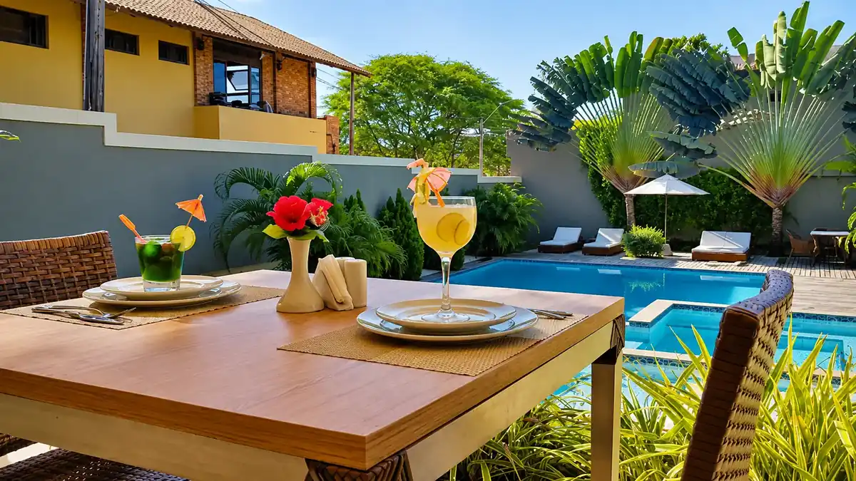 Mesa de café da manhã posta ao lado da piscina no Ravenala Hotel Boutique